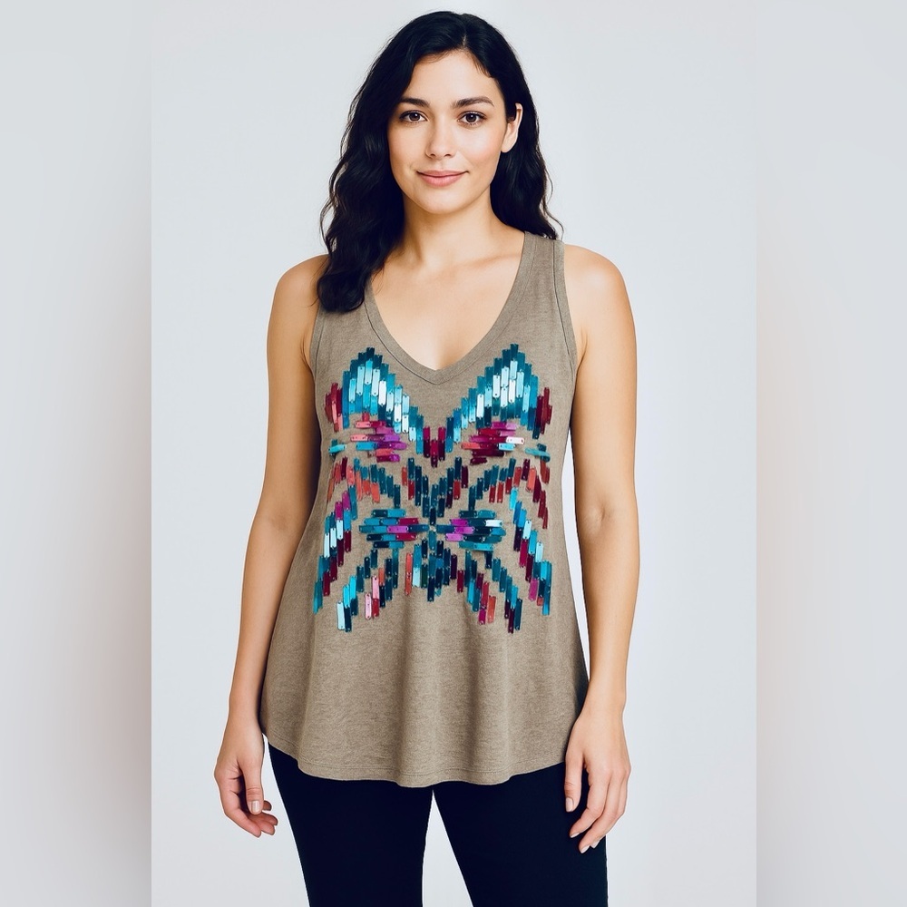 INC International Concepts 100% Linen Sequin Southwestern Tunic Tank Top M